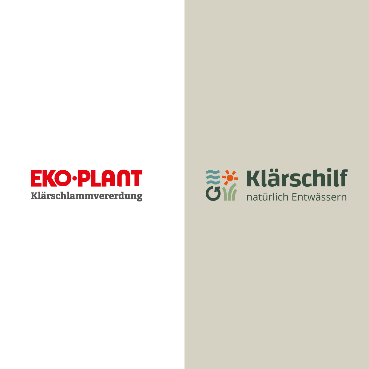 EKO-PLANT Logo auf weiß auf der linken Seite. Rechts Klärschilflogo auf Beige
