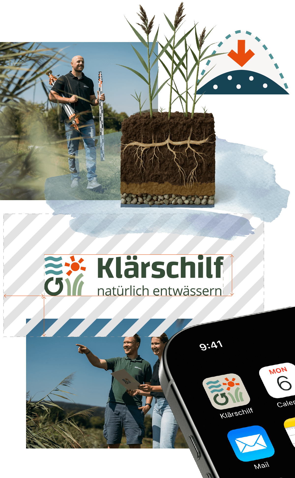 Bilder und Grafiken mit dem Klärschilflogo überlagert